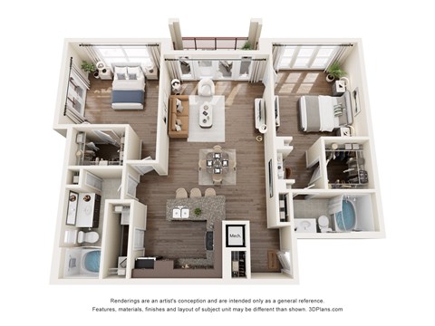 Floor plan for 2 beds, 2 baths, 1300 sqft